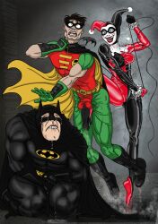 ballbusting batman batman_(series) bruce_wayne crying dc dc_comics defeated female fighting harley_quinn kicked_in_the_balls kicked_in_the_nuts kicked_in_the_testicles male nicetarget robin_(dc) robin_(tim_drake) screaming tim_drake writhing_in_agony