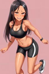 1girls ai_generated big_breasts black_hair blush breasts brown_eyes clothed clothing curvy female female_focus female_only hayase_nagatoro hi_res highres long_hair looking_at_viewer muscular muscular_female nai_diffusion navel pixiz-sama please_don't_bully_me,_nagatoro revealing_clothes simple_background smile solo sports_bra sportswear stable_diffusion tan tan-skinned_female tan_body tan_skin tanned tanned_female wide_hips