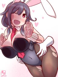 animal_ears between_breasts black_leotard black_pantyhose blush breasts bunnysuit detached_collar fake_animal_ears female hair_flaps highleg highleg_leotard kanon_(kurogane_knights) kantai_collection large_breasts leotard low_twintails necktie one-hour_drawing_challenge one_eye_closed open_mouth pantyhose playboy_bunny purple_hair rabbit_ears red_eyes red_necktie sex sex_from_behind straight strapless strapless_leotard taigei_(kantai_collection) torn_clothes torn_pantyhose twintails wrist_cuffs