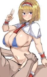 1boy :q alice_margatroid ascot bangs bar_censor bikini bikini_top_only blonde_hair blue_eyes blush bottomless breasts capelet censored cleavage closed_mouth clothed_female_nude_male female golgi_hon hairband highres huge_breasts lolita_hairband looking_at_viewer micro_bikini navel nude red_ascot red_hairband sex short_hair simple_background smile solo_focus straight swimsuit tongue tongue_out touhou v vaginal_penetration white_background white_capelet wrist_cuffs