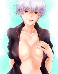 akg0z0 big_breasts canon_genderswap cleavage female female_only genderswap_(mtf) ginko_sakata gintama gintoki_sakata inner_sideboob no_bra open_shirt popped_collar red_eyes rule_63 short_hair silver_hair smile solo undressing very_short_hair