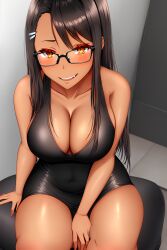 1girls ai_generated big_breasts black_hair blush breasts brown_eyes clothed clothing curvy dress female female_focus female_only glasses hayase_nagatoro hi_res highres long_hair looking_at_viewer mommy nai_diffusion navel pixiz-sama please_don't_bully_me,_nagatoro revealing_clothes simple_background smile solo stable_diffusion tan tan-skinned_female tan_body tan_skin tanned tanned_female wide_hips