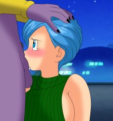 1boy 1girls 2021 all_the_way_to_the_base anthro anthro_on_human balls beerus blue_eyes blue_hair blush bulma_briefs clothing deepthroat dragon_ball dragon_ball_super fellatio female furry hand_on_head highres male oral penis setthh98 short_hair straight sweater testicles