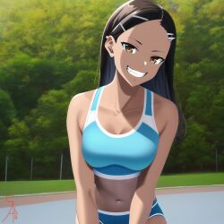 1girls ai_generated asukaln big_breasts black_hair breasts brown_eyes cleavage clothed clothing female female_focus female_only hayase_nagatoro hi_res highres long_hair please_don't_bully_me,_nagatoro revealing_clothes simple_background smile solo sports_bra sportswear tan tan-skinned_female tan_body tan_skin tanned tanned_female