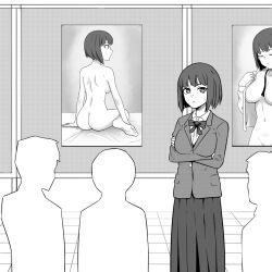 1girls 3boys art_gallery artistic_nude ass big_ass big_breasts breasts clothed clothing curvy female hana_sunomiya hi_res highres long_skirt looking_at_viewer medium_breasts medium_hair monochrome nude painting_(object) photo_(object) please_don't_bully_me,_nagatoro pleated_skirt pose school_uniform short_hair sideboob simple_background stack_bond szmitten tile_floor white_background wide_hips