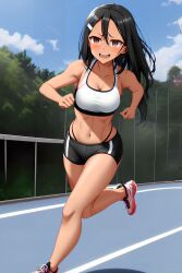 1girls ai_generated big_breasts black_hair blush breasts brown_eyes clothed clothing curvy female female_focus female_only hayase_nagatoro hi_res highres long_hair looking_at_viewer muscular muscular_female nai_diffusion navel pixiz-sama please_don't_bully_me,_nagatoro revealing_clothes simple_background smile solo sports_bra sportswear stable_diffusion tan tan-skinned_female tan_body tan_skin tanned tanned_female wide_hips