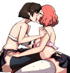 2023 2girls atlus bra breasts brown_hair french_kiss haru_okumura jenocidero kissing makoto_niijima nipples persona persona_5 sega short_hair skirt stockings undressing white_background yuri