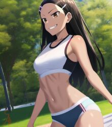 1girls ai_generated asukaln big_breasts black_hair breasts brown_eyes clothed clothing female female_focus female_only hayase_nagatoro hi_res highres long_hair please_don't_bully_me,_nagatoro revealing_clothes simple_background smile solo sports_bra sportswear tan tan-skinned_female tan_body tan_skin tanned tanned_female