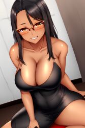 1girls ai_generated big_breasts black_hair blush breasts brown_eyes clothed clothing curvy dress female female_focus female_only glasses hayase_nagatoro hi_res highres long_hair looking_at_viewer mommy nai_diffusion navel pixiz-sama please_don't_bully_me,_nagatoro revealing_clothes simple_background smile solo stable_diffusion tan tan-skinned_female tan_body tan_skin tanned tanned_female wide_hips