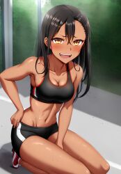 1girls ai_generated big_breasts black_hair blush breasts brown_eyes clothed clothing curvy female female_focus female_only hayase_nagatoro hi_res highres long_hair looking_at_viewer muscular muscular_female nai_diffusion navel pixiz-sama please_don't_bully_me,_nagatoro revealing_clothes simple_background smile solo sports_bra sportswear stable_diffusion tan tan-skinned_female tan_body tan_skin tanned tanned_female wide_hips