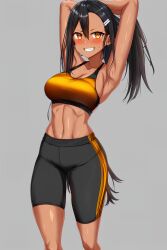 1girls ai_generated big_breasts black_hair blush breasts brown_eyes clothed clothing curvy female female_focus female_only hayase_nagatoro hi_res highres long_hair looking_at_viewer muscular muscular_female nai_diffusion navel pixiz-sama please_don't_bully_me,_nagatoro revealing_clothes simple_background smile solo sports_bra sportswear stable_diffusion tan tan-skinned_female tan_body tan_skin tanned tanned_female wide_hips