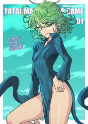 1girls bare_legs black_dress dress english_text female female_only green_hair looking_at_viewer one-punch_man part_1 pelvic_curtain redjet small_breasts solo strip_game tagme tatsumaki white_skin