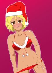 1girls big_breasts blonde_hair blush breasts brown_eyes christmas christmas_outfit cleavage clothed clothing female female_focus female_only hi_res highres looking_at_viewer medium_hair mentaloso open_mouth please_don't_bully_me,_nagatoro red_background revealing_clothes sakura_(nagatoro) santa_hat simple_background solo tan tan-skinned_female tan_body tan_skin tanned tanned_female undressing