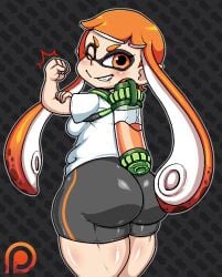 ass ass_focus big_ass female female_focus female_only fist_pump inkling inkling_girl lollipopcon nintendo oerba_yun_fang orange_eyes orange_hair shorts spats splatoon thick_thighs thighs white_t-shirt wink