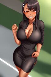 1girls ai_generated big_breasts black_hair blush breasts brown_eyes clothed clothing curvy dress female female_focus female_only hayase_nagatoro hi_res highres long_hair looking_at_viewer mommy nai_diffusion navel pixiz-sama please_don't_bully_me,_nagatoro revealing_clothes simple_background smile solo stable_diffusion tan tan-skinned_female tan_body tan_skin tanned tanned_female wide_hips