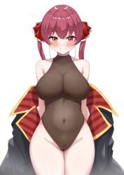 1girls :> armpit_crease belly belly_bulge belly_button big_breasts blush blushing_at_viewer breasts cleavage cleavage_overflow clothed clothing coat embarrassed female female_only groin hair_ornament hashira_14 heterochromia hololive hololive_fantasy hololive_japan houshou_marine large_breasts leotard long_hair looking_at_viewer nipple_bulge nipples nipples_visible_through_clothing pussy_visible_through_clothes red_eyes red_hair simple_background spandex sweat thighs tight_clothes tight_clothing twintails undressing virtual_youtuber white_background yellow_eyes