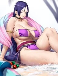 1girls big_breasts bikini bikini_bottom bikini_top breasts cleavage eyepatch_bikini fate/grand_order fate_(series) female female_only hair huge_breasts lips long_hair mature mature_female mature_woman milf minamoto_no_raikou_(fate/grand_order) neckwear purple_bikini purple_eyes purple_hair solo solo_female swimwear thighs water yoshi55level