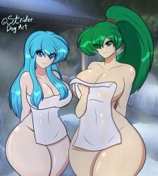 2girls bare_thighs blue_eyes blue_hair breasts cleavage eirika_(fire_emblem) female female_only fire_emblem fire_emblem:_the_blazing_blade fire_emblem:_the_sacred_stones green_eyes green_hair hair_over_one_eye hourglass_figure huge_breasts inu_strider large_breasts long_hair looking_at_viewer lyn_(fire_emblem) multiple_girls naked_towel nintendo onsen outdoors ponytail sideboob small_towel smile standing striderdogart thick_thighs thighs towel wide_hips