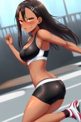 1girls ai_generated big_breasts black_hair blush breasts brown_eyes clothed clothing curvy female female_focus female_only hayase_nagatoro hi_res highres long_hair looking_at_viewer muscular muscular_female nai_diffusion navel pixiz-sama please_don't_bully_me,_nagatoro revealing_clothes simple_background smile solo sports_bra sportswear stable_diffusion tan tan-skinned_female tan_body tan_skin tanned tanned_female wide_hips