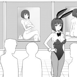 1girls artistic_nude big_breasts breasts bunny_ears bunnysuit cleavage clothed clothing curvy female hana_sunomiya hi_res highres looking_at_viewer medium_hair monochrome nude please_don't_bully_me,_nagatoro revealing_clothes simple_background sitting szmitten white_background wide_hips