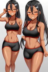 1girls ai_generated big_breasts black_hair blush breasts brown_eyes clothed clothing curvy female female_focus female_only hayase_nagatoro hi_res highres long_hair looking_at_viewer muscular muscular_female nai_diffusion navel pixiz-sama please_don't_bully_me,_nagatoro revealing_clothes simple_background smile solo sports_bra sportswear stable_diffusion tan tan-skinned_female tan_body tan_skin tanned tanned_female wide_hips