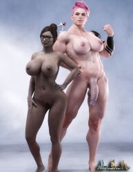 1futa 1girls 3d balls big_penis breasts eyewear female futanari glasses jbtrimar light-skinned_futanari light_skin mei_(overwatch) muscular muscular_futanari overwatch penis tagme zarya