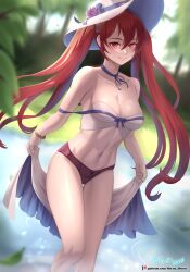 1girls absurdres artist_name bare_legs bare_shoulders bare_thighs between_breasts black_ribbon blurry blurry_background blush bracelet breasts cleavage collarbone day depth_of_field feet_out_of_frame female female_only fire_emblem fire_emblem_awakening hat highres hocen holding jewelry lingerie long_hair medium_breasts navel neck_ribbon nintendo outdoors panties pond purple_panties red_eyes red_hair ribbon severa_(fire_emblem) smile smug solo standing stomach sun_hat thigh_gap thighs toned twintails underwear v-shaped_eyebrows very_long_hair wading water white_headwear