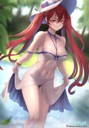 1girls absurdres artist_name bare_legs bare_shoulders bare_thighs between_breasts black_ribbon blurry blurry_background blush bracelet breasts cleavage collarbone day depth_of_field feet_out_of_frame female female_only fire_emblem fire_emblem_awakening hat highres hocen holding jewelry lingerie long_hair medium_breasts navel neck_ribbon nintendo outdoors panties pantyshot pond purple_panties red_eyes red_hair ribbon sarong see-through severa_(fire_emblem) smile smug solo standing stomach sun_hat thigh_gap thighs toned twintails underwear upskirt v-shaped_eyebrows very_long_hair wading water white_headwear