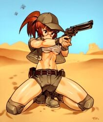 1girls action_pose breasts brown_hair clothing eyewear female fio_germi firearm footwear full_body glasses gun handgun handwear hat headwear human kneeling metal_slug open_clothes optionaltypo pale_skin ponytail revolver sand short_shorts shorts snk solo spread_legs tank_top underboob weapon