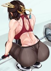 1girls absurd_res ass back_view beidou_(genshin_impact) blonde_hair breasts brown_hair dat_ass female genshin_impact huge_ass large_breasts light-skinned_female light_skin long_hair loooyd sports_bra sportswear squatting thick_thighs thighs