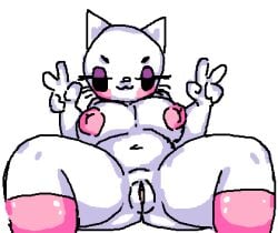 big_breasts big_nipples blush cat_ears eyelashes feline hello_kitty hello_kitty_(character) hello_kitty_(series) horny_female inviting inviting_to_sex kitty_white massive_breasts peace_sign pink_stockings presenting sanrio showing_off showing_pussy stockings stockings_only stomach storm_yyyy tummy