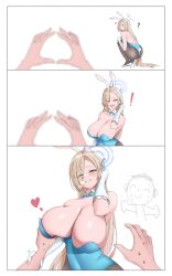 ! 1boy 1girls 3koma ? armwear asuna_(blue_archive) asuna_(bunny)_(blue_archive) asuna_(bunny_girl)_(blue_archive) big_breasts blonde_hair blue_archive blue_eyes blue_leotard blush bow breast_grab breast_squeeze breast_squish breast_support breasts bunny_ears bunny_girl bunnysuit challenge cleavage detached_collar female female_focus gloves high_heels horny huge_breasts in_heat leotard light-skinned_female light-skinned_male light_skin long_hair meme mole mole_on_breast pang_(daty8882) simple_background snoot_challenge squatting steamy_breath sweat sweatdrop tongue_out very_long_hair visible_breath white_background