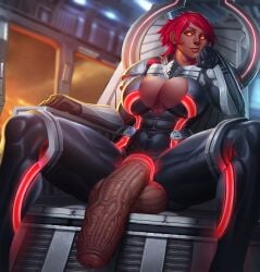 1futa 2018 balls big_penis bodysuit breasts c0rros1on clothed clothing dark-skinned_futanari dark_skin flaccid futa_only futanari glowing glowing_eyes huge_balls huge_cock huge_penis human low-angle_view mostly_clothed partially_retracted_foreskin penis red_eyes sitting solo taker_pov uncut veiny_penis