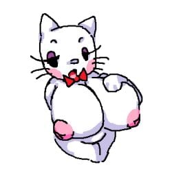 annoyed big_breasts big_nipples blush bowtie canid canine domestic_cat eyelashes felid feline felis giant_breasts hand_on_breast hello_kitty hello_kitty_(character) hello_kitty_(series) kitty_white makeup mammal pink_nipples sanrio shortstack storm_yyyy