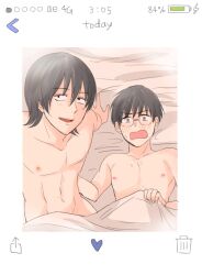 2boys after_sex black_hair blush embarrassed gay gintama looking_at_viewer male male_only nasu_nadzuki nude on_bed open_mouth selfie shimura_shinpachi smile surprised yamazaki_sagaru yaoi