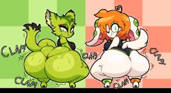 2d 2girls ahoge anthro ass_clapping ass_cleavage ass_shake big_ass big_breasts breasts bubble_butt butt_crack carol_tea checkered_background dipstick_tail dog eyelashes female freedom_planet from_behind furry furry_female furry_only galaxytrail green_background green_eyes green_fur half-closed_eyes heart_ahoge heyfawndue hi_res highres huge_ass huge_butt long_ears looking_at_viewer looking_back medium_breasts milla_basset one_eye_closed orange_background orange_hair paws pixel_art rear_view short_hair shortstack slit_pupils smile stripes sweat swimsuit tail tan_fur thick_thighs thong twerking underboob wildcat wink