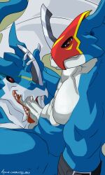 anthro aquila_chrysaetos bandai_namco digimon digimon_(species) duo erection exveemon fellatio flamedramon gay hi_res male male/male male_only muscular nude oral penile sex teeth yaoi