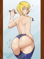 1boy 2023 androgynous ass big_ass blonde_hair blue_legwear blush breasts citrusfro femboy hi_res human hunter hunter_x_hunter kurapika legwear light-skinned_male light_skin looking_at_viewer looking_back looking_back_at_viewer male male_only mirror_reflection mostly_nude narrowed_eyes rear_view riding_crop short_hair shounen_jump smiling smiling_at_viewer solo sparkles thick_thighs thigh_squish wide_hips