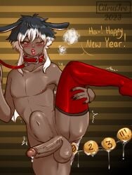 1boy 2023 anal_beads anal_beads_in_ass balls bent_leg black_hair blush bunny_boy bunny_ears citrusfro collar dark-skinned_femboy dark-skinned_male dark_skin femboy girly happy_new_year hi_res holding_leg leash leg_up legwear male male_only naked narrowed_eyes nude nude_male one_eye_closed open_mouth penis red_eyes red_legwear red_lipstick sex_toy slit_pupils solo standing_on_one_leg stomach_bulge two_tone_hair white_hair