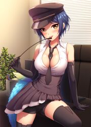 1girls black_skirt blue_hair breasts button_down_shirt couch curtains elbow_gloves gloves hat hayami_kanade holding_riding_crop idolmaster idolmaster_cinderella_girls large_breasts looking_at_viewer nazu-na necktie necktie_between_breasts pen potted_plant riding_crop shirt short_hair shorts shorts_under_skirt skirt whip white_shirt yellow_eyes