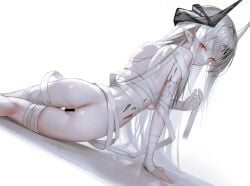 arknights arm_support ass back bandages bar_censor breasts censored female from_behind grey_hair hair_ornament highres horns iumu kneepits long_hair looking_at_viewer looking_back medium_breasts mudrock_(arknights) naked_bandage oripathy_lesion_(arknights) pointy_ears pussy reclining red_eyes sideboob simple_background solo thigh_gap very_long_hair white_background