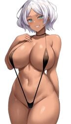 1girls absurdres alternate_version_available big_breasts blue_eyes breasts dark_skinned_female female gundam gundam_suisei_no_majo jasony secelia_dote short_hair sling_bikini thick_thighs white_hair