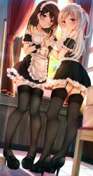 2girls apron breasts broom brown_eyes brown_hair curtains earrings garter_straps high_heels hiragi_ringo holding_hands looking_at_viewer maid maid_apron maid_headdress maid_uniform medium_breasts medium_hair original red_eyes thighhighs twintails white_hair window