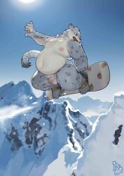 2023 absurd_res anthro balls belly big_belly detailed_background felid flaccid genitals hi_res humanoid_hands kemono male mammal moobs mountain nipples outside overweight overweight_male pantherine penis piero03432812 snow snow_leopard snowboard snowboarding solo