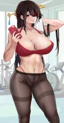 1girls absurd_res beidou_(genshin_impact) breasts brown_hair eyepatch female genshin_impact gym huge_breasts light-skinned_female light_skin long_hair loooyd red_eyes selfie slim_waist sports_bra sportswear thick_thighs thighs wide_hips