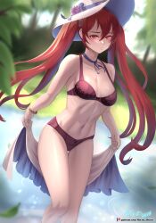 1girls absurdres artist_name bare_legs bare_shoulders bare_thighs black_ribbon blurry blurry_background blush bra bracelet breasts cleavage collarbone day depth_of_field embarrassed feet_out_of_frame female female_only fire_emblem fire_emblem_awakening hat highres hocen holding jewelry lingerie long_hair medium_breasts navel neck_ribbon nintendo outdoors panties pond purple_bra purple_panties red_eyes red_hair ribbon severa_(fire_emblem) solo standing stomach sun_hat thigh_gap thighs toned twintails underwear very_long_hair wading water white_headwear