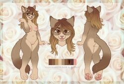 absurd_res anthro aster_von_snugglebeans blep brown_body brown_eyes brown_fur brown_hair felid feline female flower fur genitals hair hi_res mammal model_sheet navel nipples pawpads plant pussy rose_(flower) samaella slightly_chubby solo tongue tongue_out