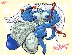 2023 4_fingers 5_fingers abs anthro arrow_(weapon) balls bandai_namco baralust big_balls big_penis blue_body blue_nipples blue_skin bow_(weapon) claws digimon digimon_(species) digital_media_(artwork) feathered_wings feathers fingers flamedramon genitals hi_res holding_object holidays huge_balls huge_cock humanoid_genitalia humanoid_penis hyper hyper_balls hyper_genitalia hyper_penis looking_at_viewer male male_only muscular muscular_anthro muscular_male nipples nude penis ranged_weapon scalie signature smile solo teeth toe_claws valentine's_day vein veiny_muscles veiny_penis weapon white_body white_feathers wings ych_result