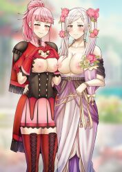 2girls absurdres alternate_costume alternate_hairstyle arm_around_waist bangs bare_thighs blurry blurry_background blush boots bow breasts breasts_out brown_eyes collarbone dress female female_only fire_emblem fire_emblem:_three_houses fire_emblem_awakening fire_emblem_heroes fire_emblem_warriors:_three_hopes flower gesture gloves grey_hair hair_flower hair_ornament heart heart_hands highres hilda_valentine_goneril large_breasts long_dress long_hair looking_at_viewer medium_breasts medium_hair multiple_girls naughty_face nintendo nipples official_alternate_costume official_alternate_hairstyle pink_eyes pink_hair ponytail red_gloves red_thighhighs ribbon robin_(female)_(valentine)_(fire_emblem) robin_(fire_emblem) robin_(fire_emblem)_(female) saikunartworks skirt smile strapless strapless_dress thigh_boots thighhighs thighs twintails white_dress zettai_ryouiki