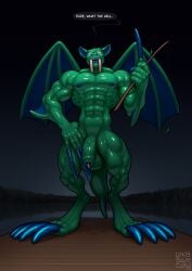 1boy 2023 abs absurd_res anthro artist_name balls ballsack bara barbell_piercing bat biceps blue_eyes chiropteran claws dangling_testicles detailed_background dialogue digital_media_(artwork) duke_fishron english_text fangs flaccid_penis foreskin genital_piercing genitals green_body green_skin hi_res intact long_claws longblueclaw low_hanging_balls male male_nipples male_only masculine membrane_(anatomy) membranous_wings muscles muscular_anthro muscular_male nipple_piercing nude_male open_mouth pecs penis penis_piercing piercing prince_albert_piercing scrotum shiny_skin solo speech_bubble standing tail teeth terraria testicles text uncut unretracted_foreskin vein veiny_penis wings